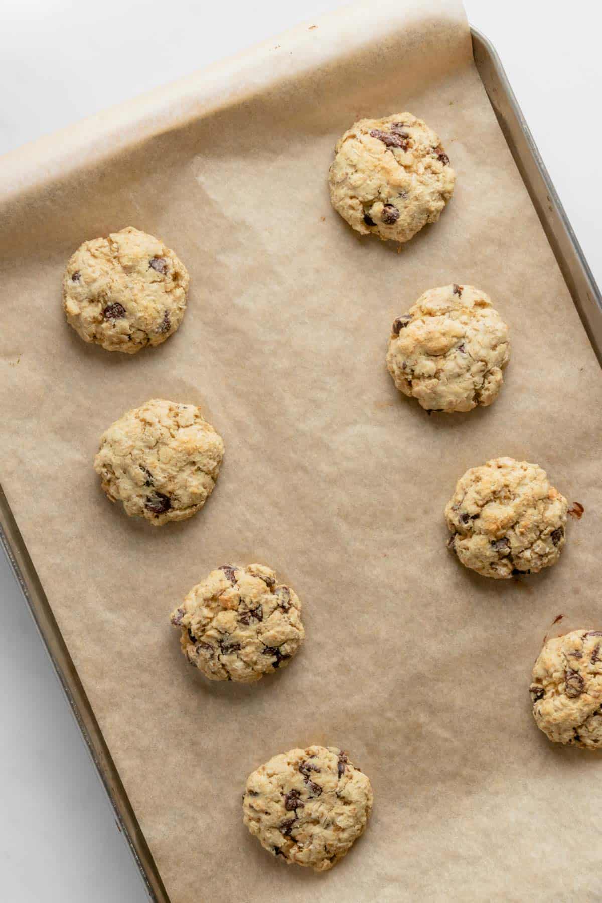 banana oatmeal cookies on baking sheet right after baking