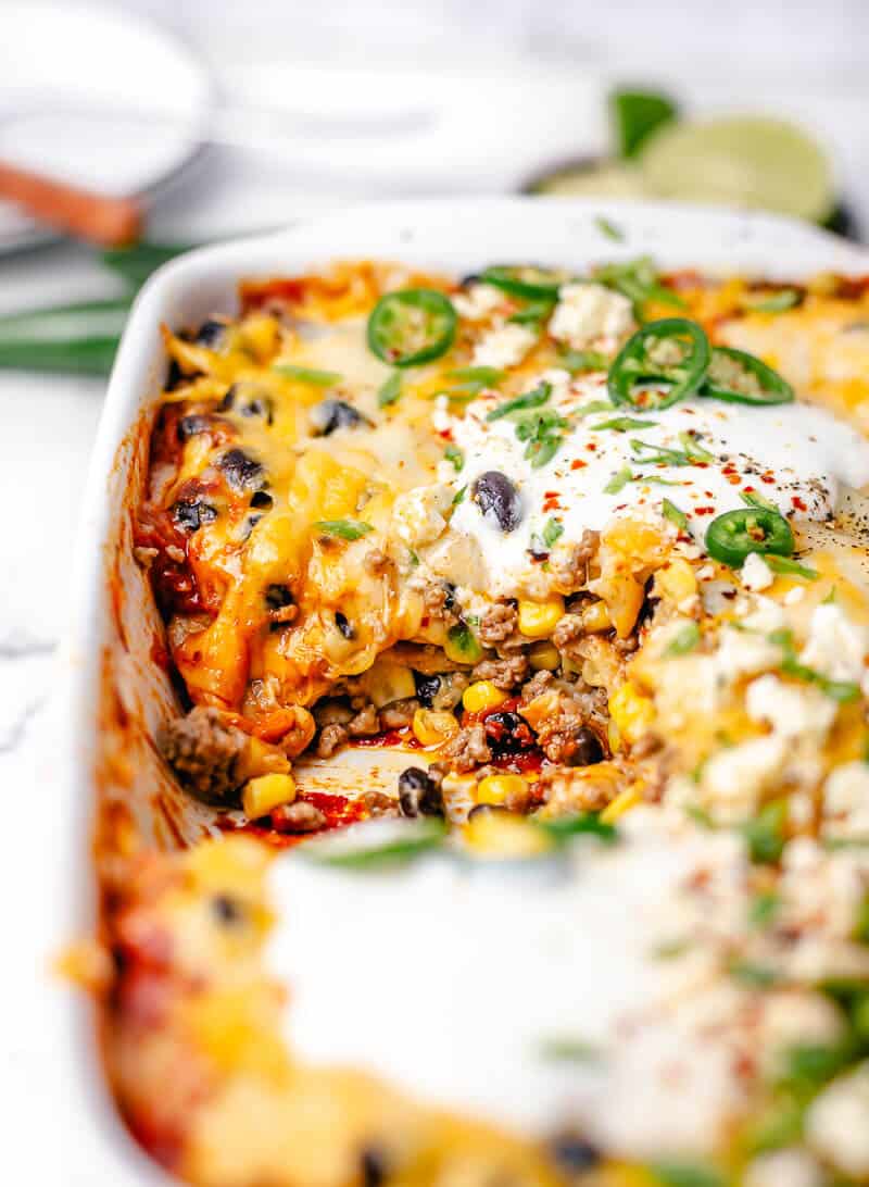 Beef Enchilada Casserole closeup cut