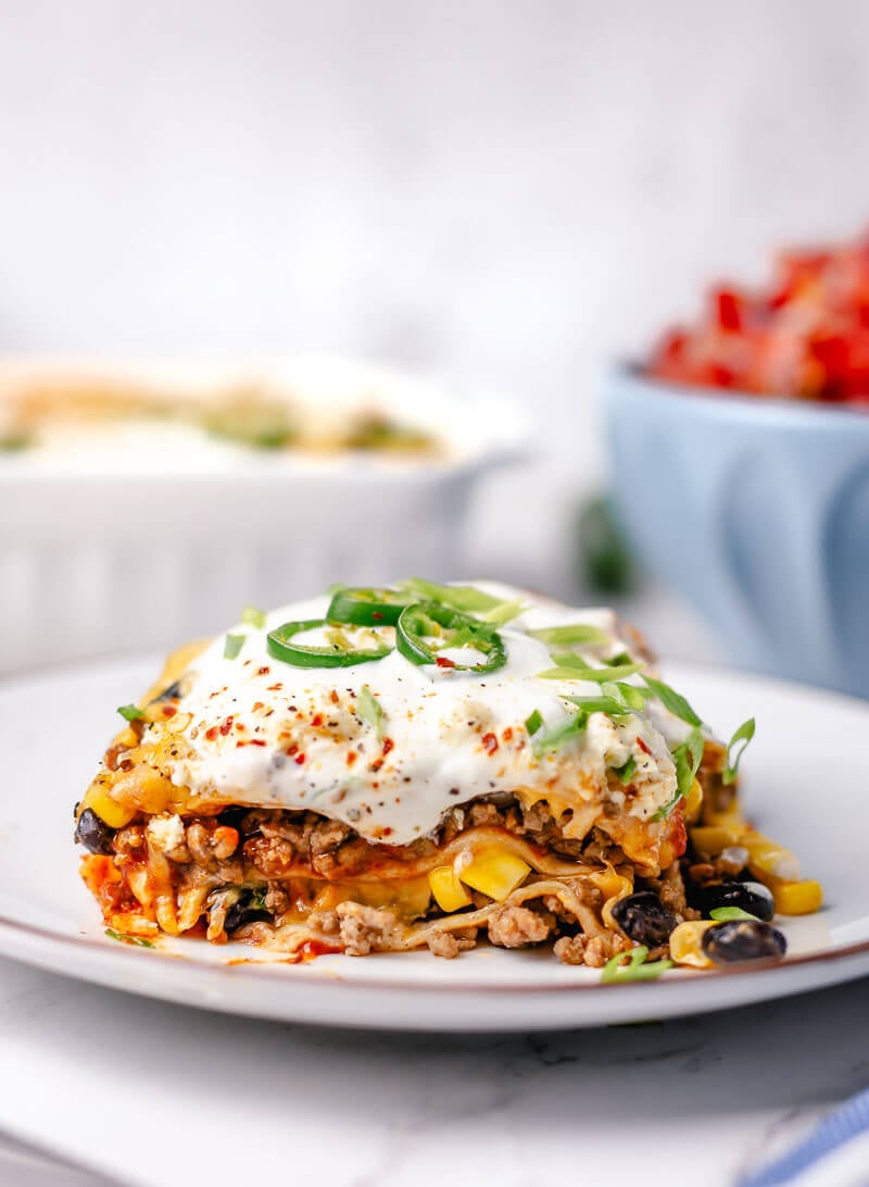 Beef Enchilada Casserole on a plate serving