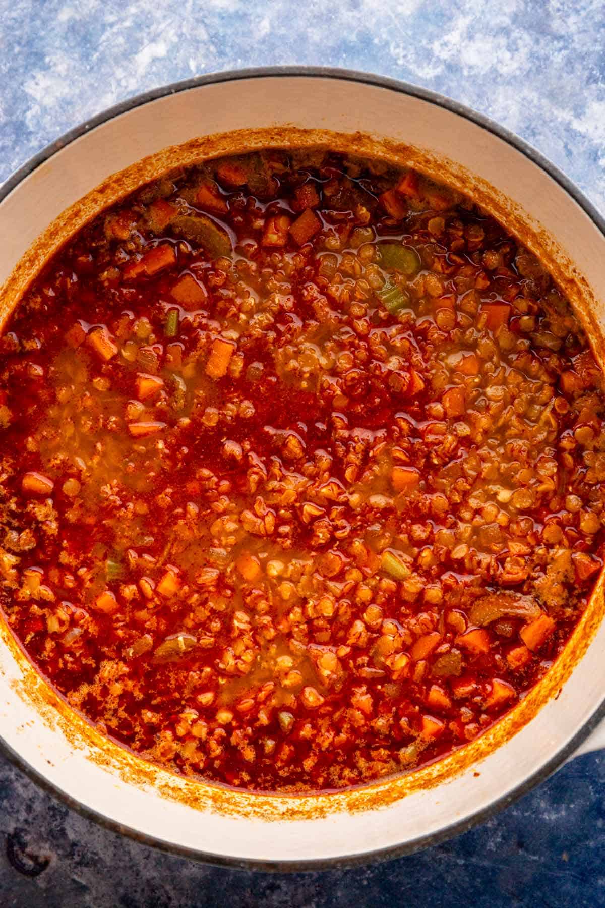 lentils and stock added to pot.