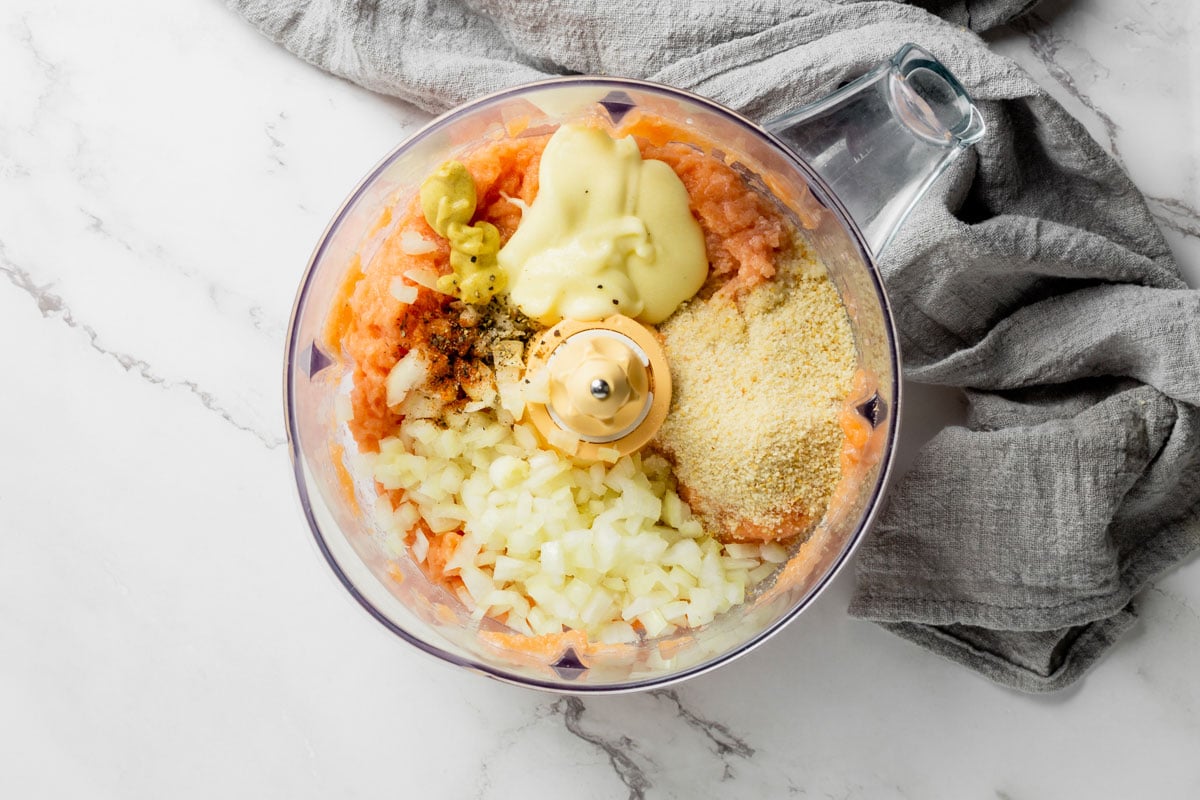 ingredients for salmon patties in food processor