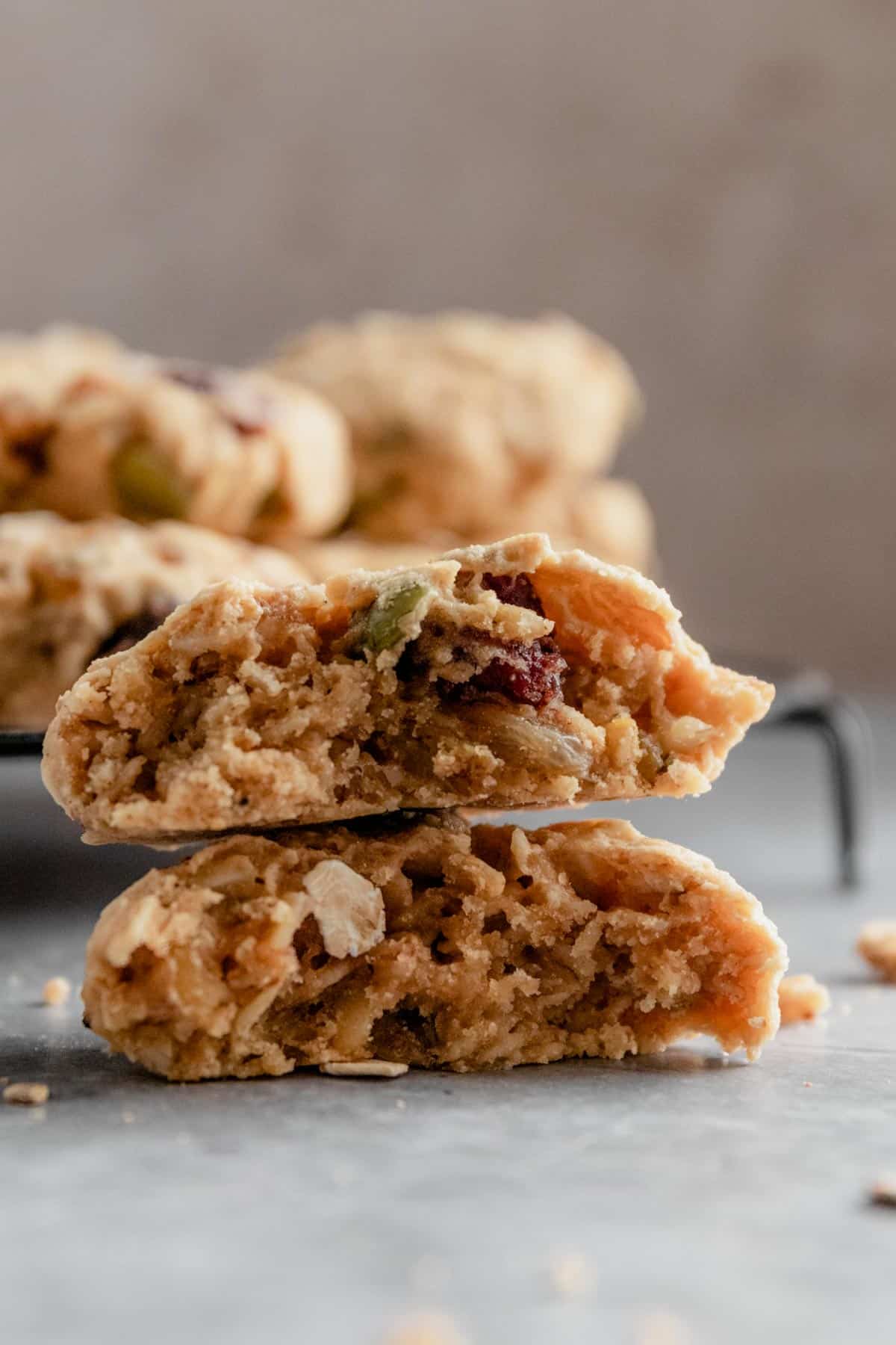 no sugar oatmeal cookie cut into half and stacked