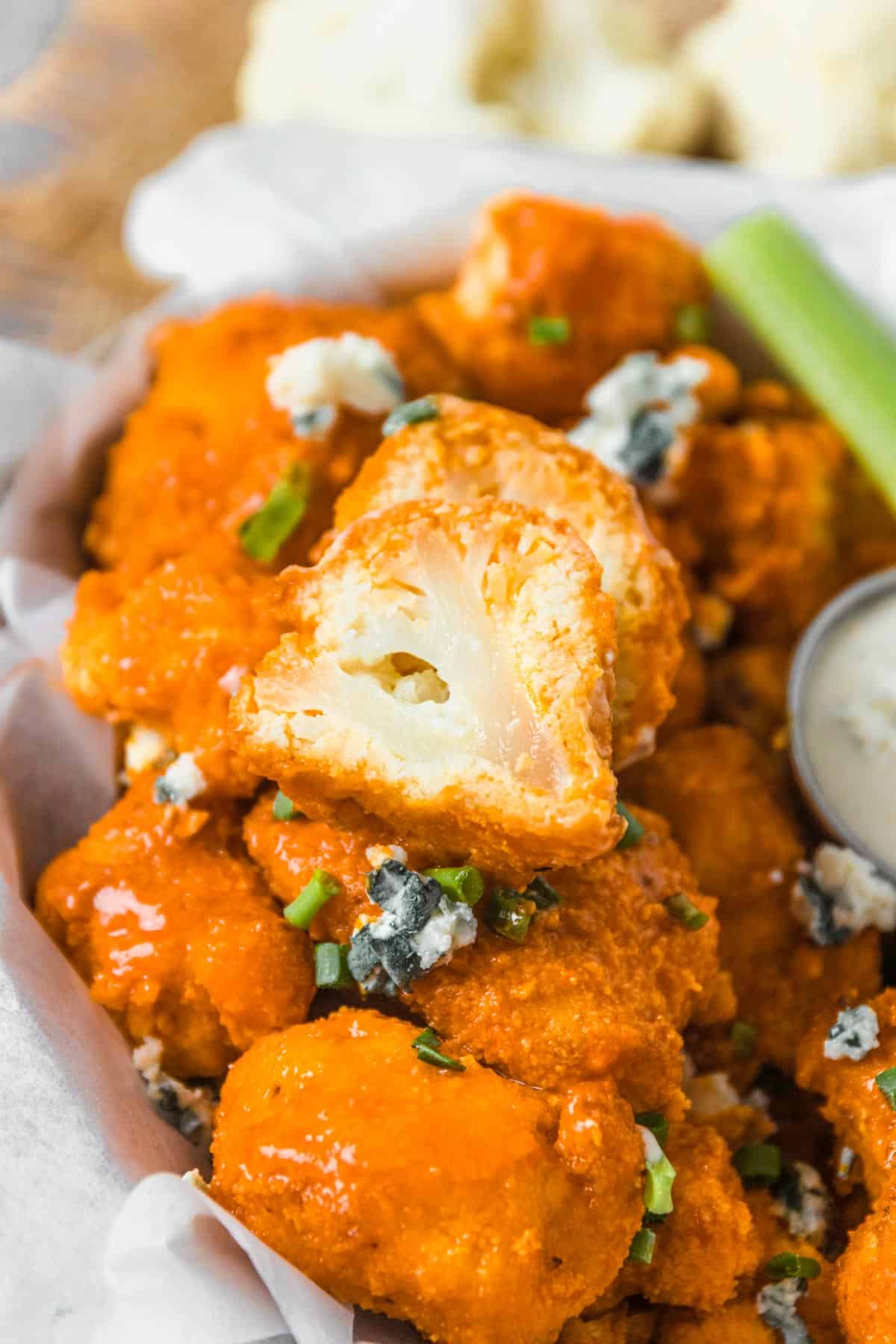 air fryer buffalo cauliflower cut in half