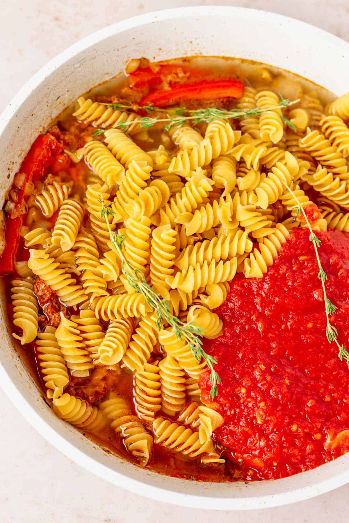 dry pasta added to cajun shrimp pasta