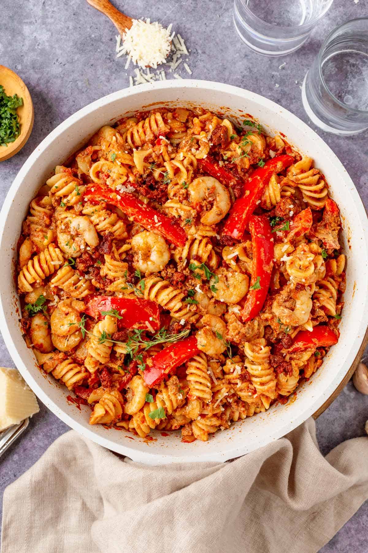 cajun shrimp pasta with sausage skillet