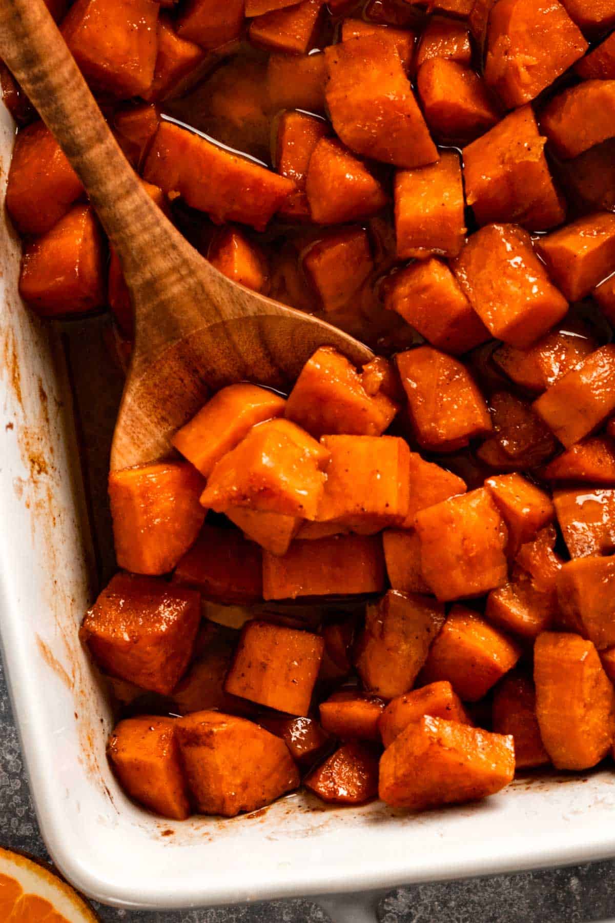 candied sweet potatoes in casserole.