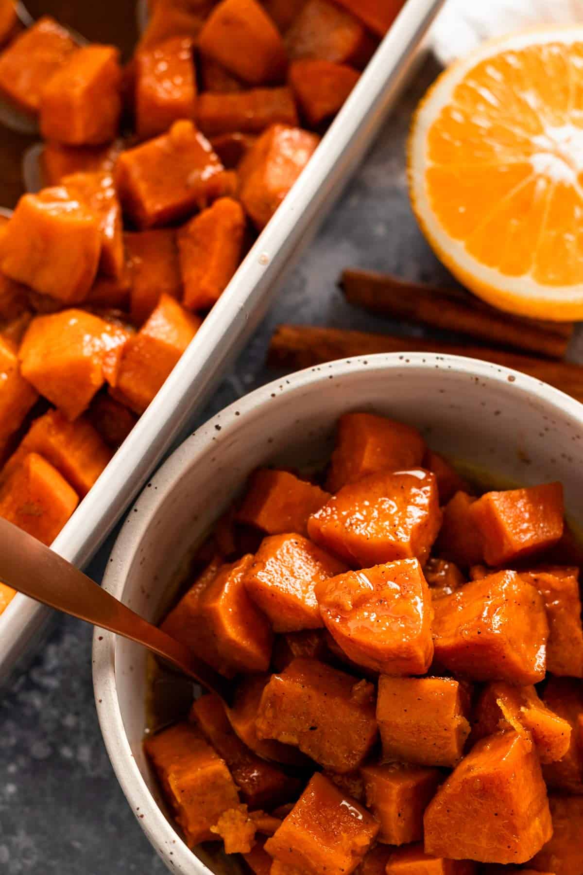 candied sweet potatoes in casserole.