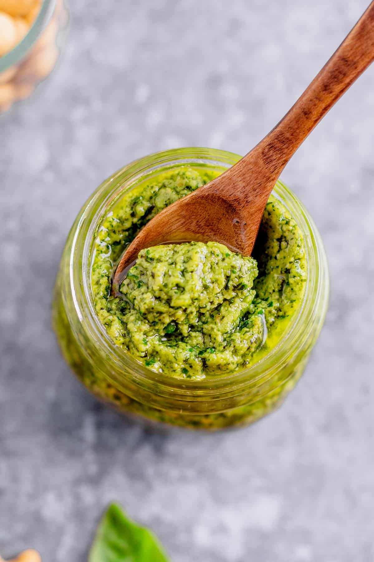 cashew basil pesto in a glass jar