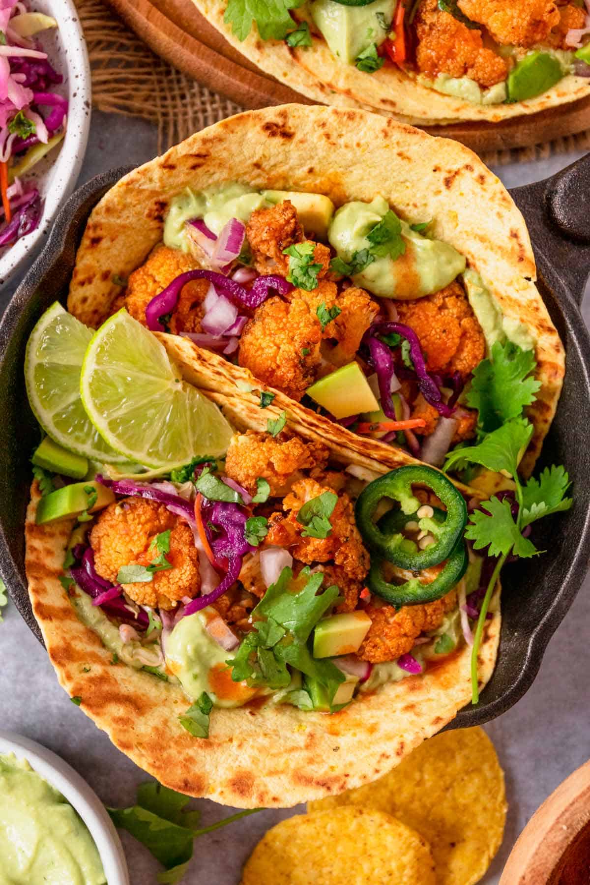 Baked Cauliflower Tacos With Avocado Crema