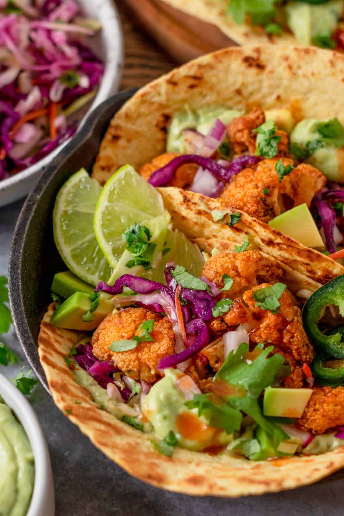 Baked Cauliflower Tacos With Avocado Crema