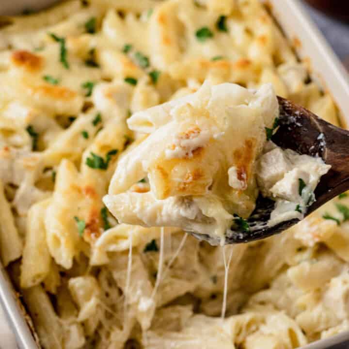 cheesy chicken pasta bake.