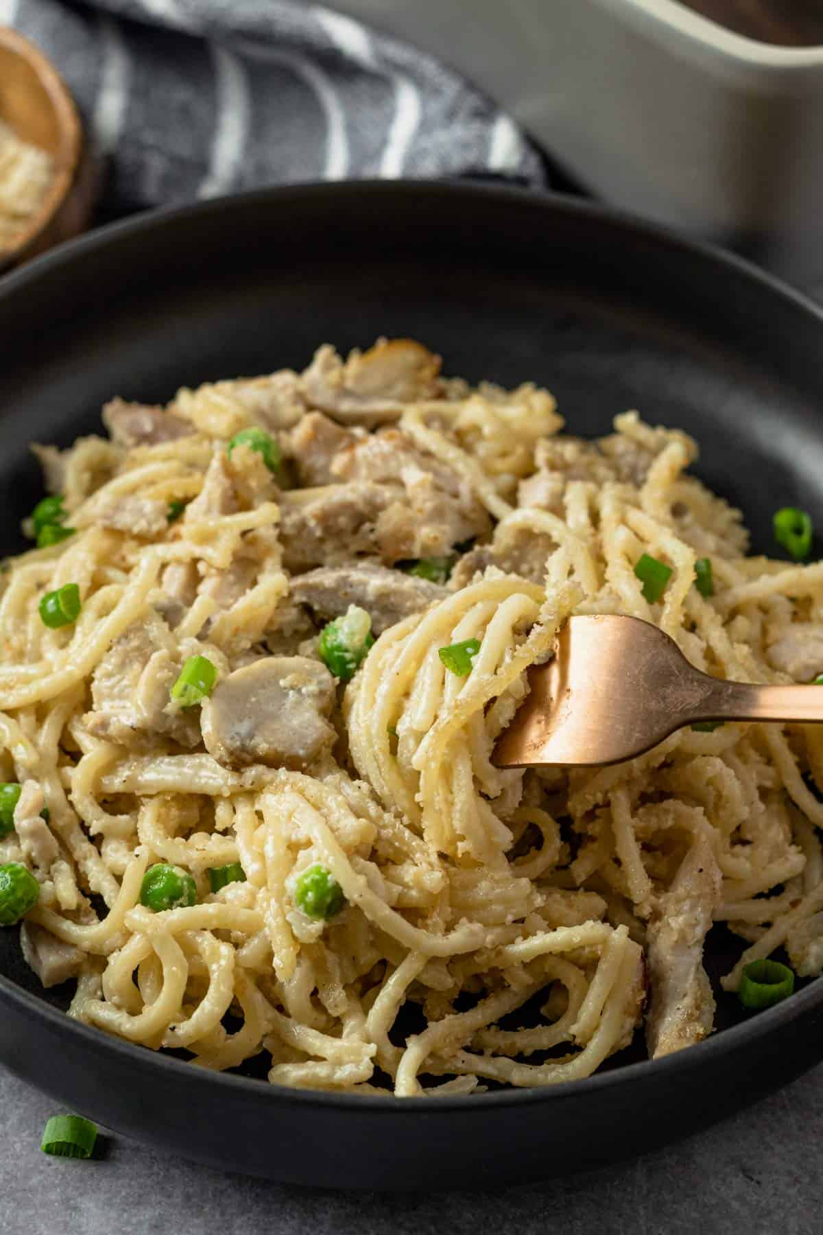 spaghetti chicken mushroom bake on a plate