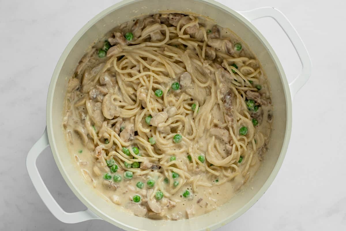 spaghetti chicken pasta in a pot