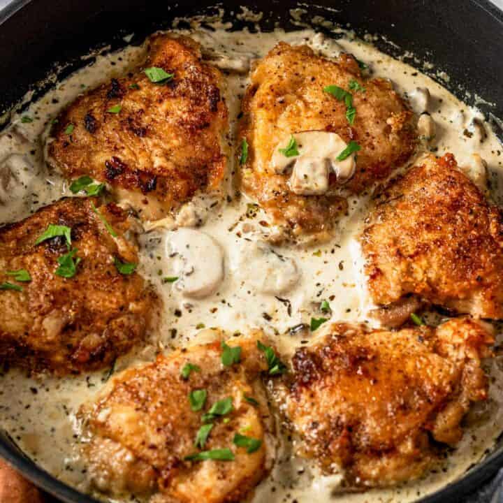 chicken thighs with mushroom sauce.