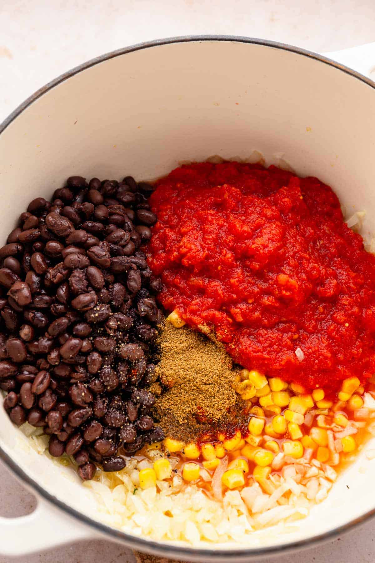 all ingredients added to dutch oven for tortilla soup.