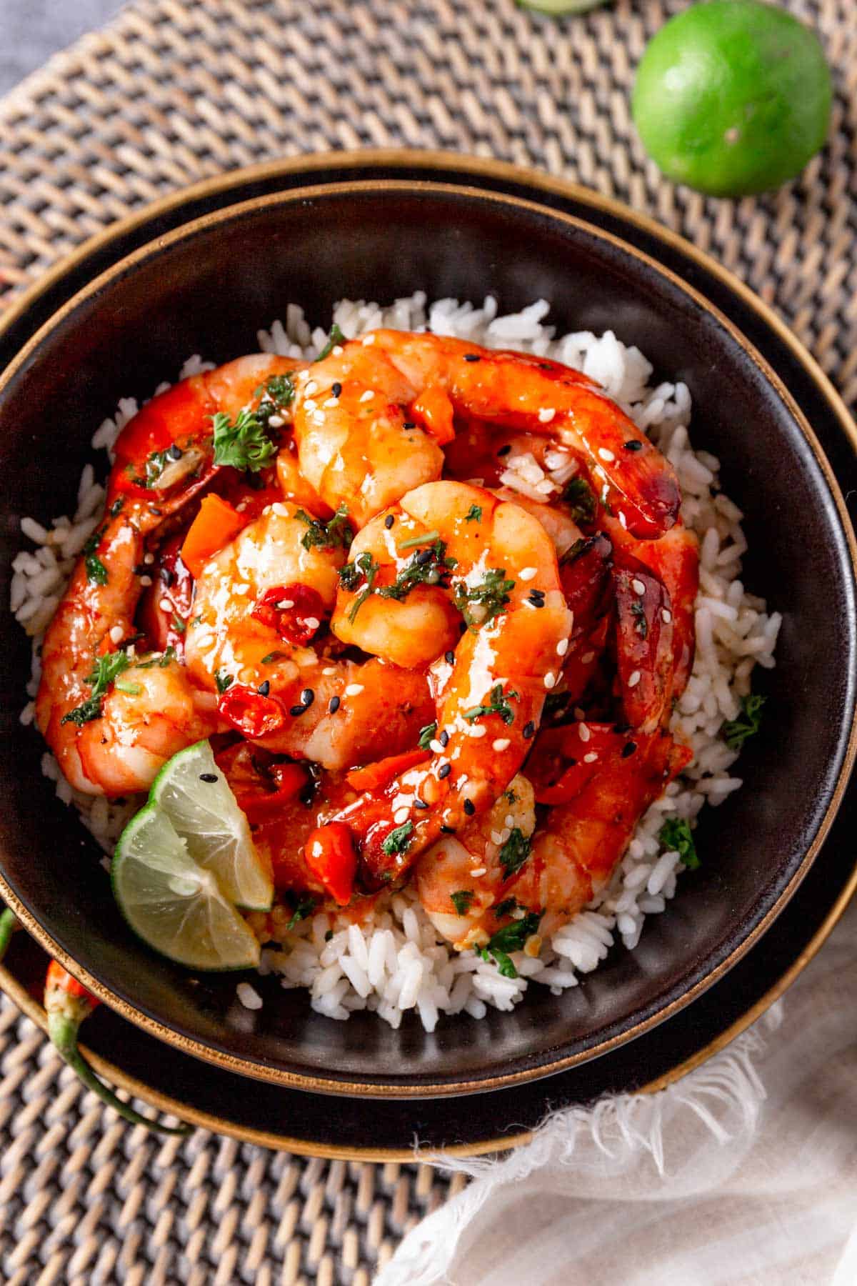 Easy Sweet Chili Garlic Shrimp in a bowl over rice