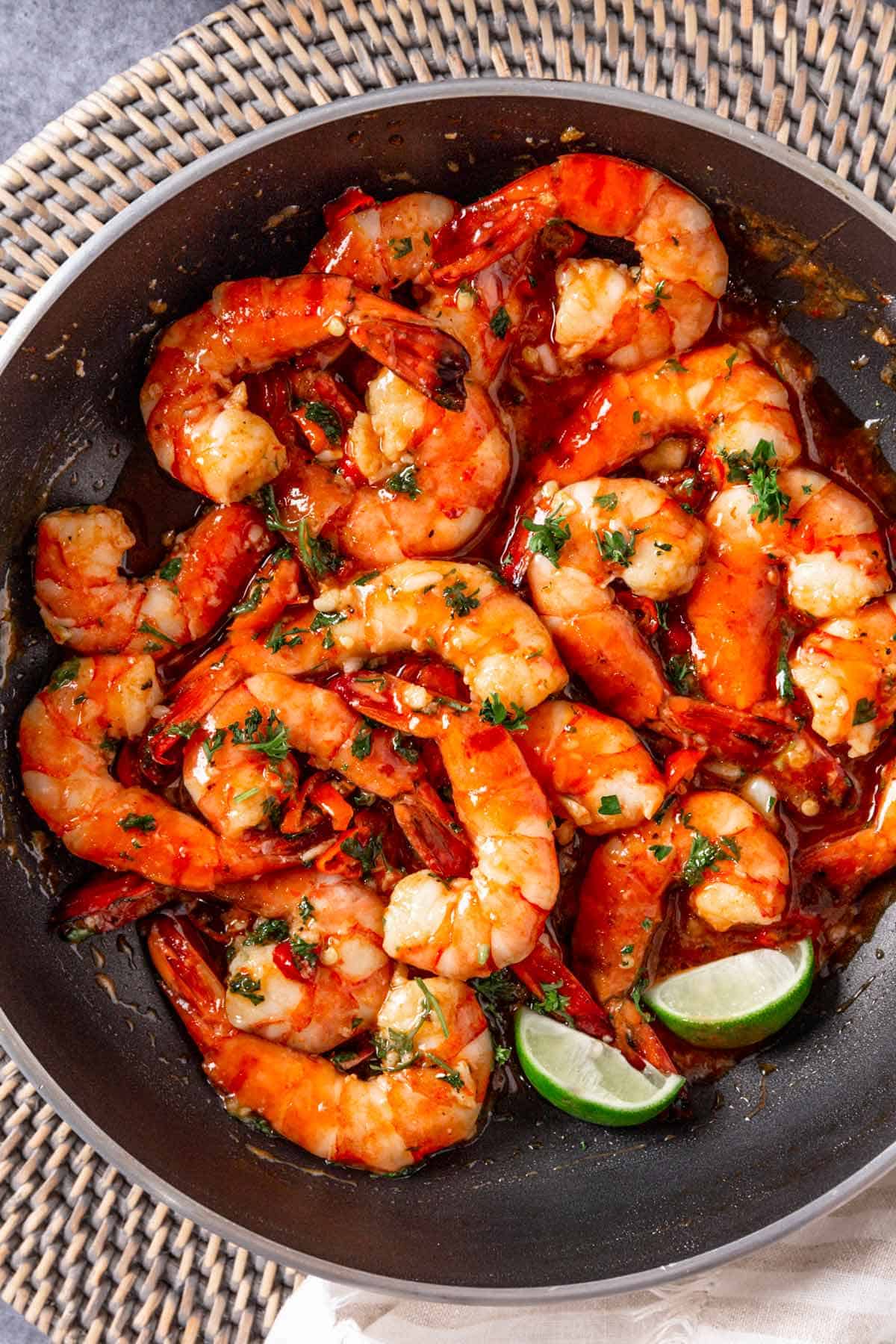 Easy Sweet Chili Garlic Shrimp in skillet