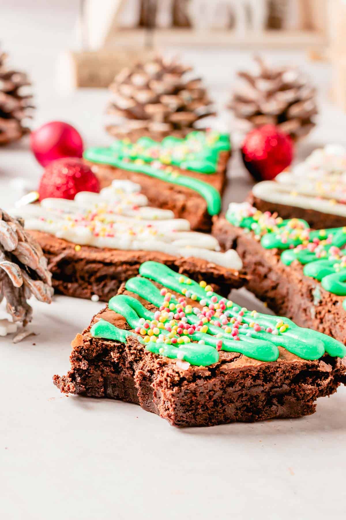 bite shot of christmas tree brownies