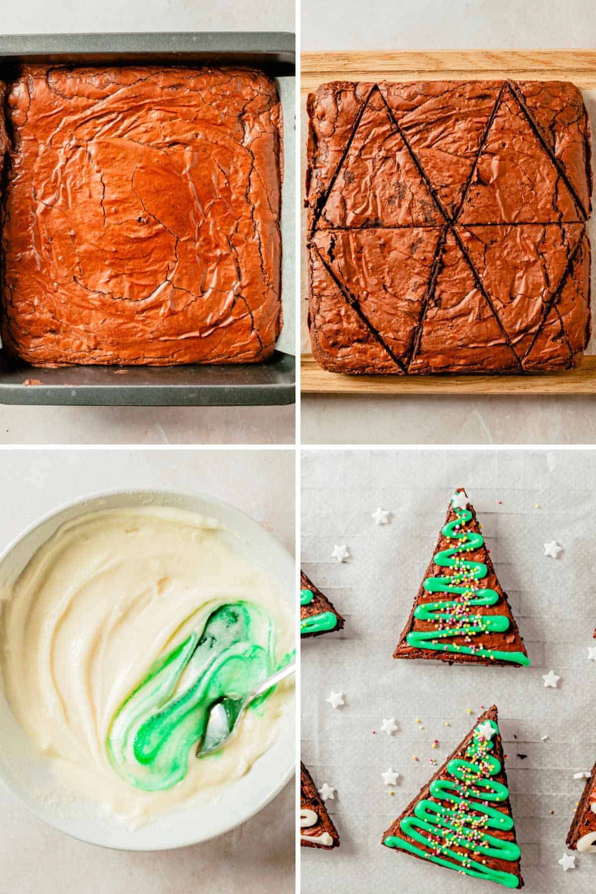 process of making christmas tree brownies