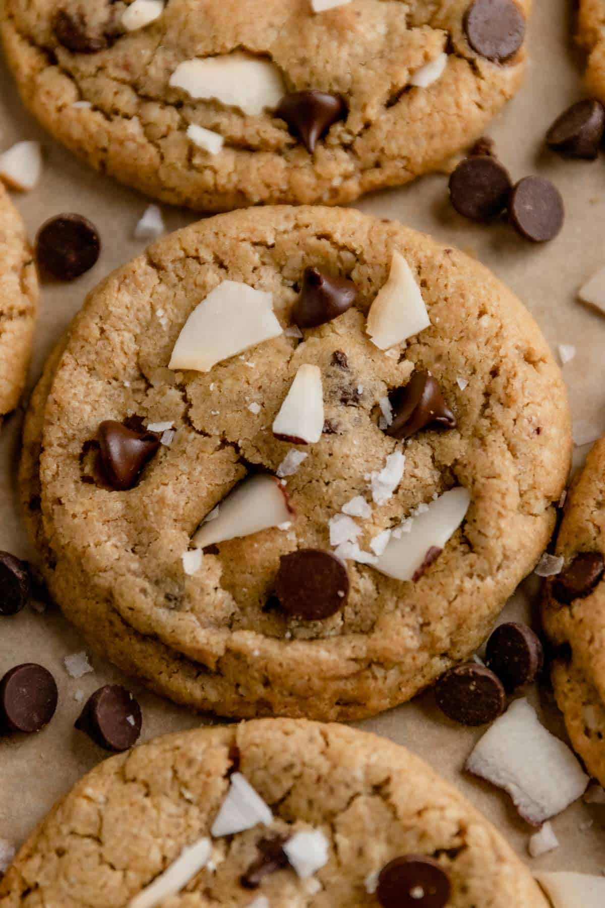 close up shot of coconut chocolate chip cookie