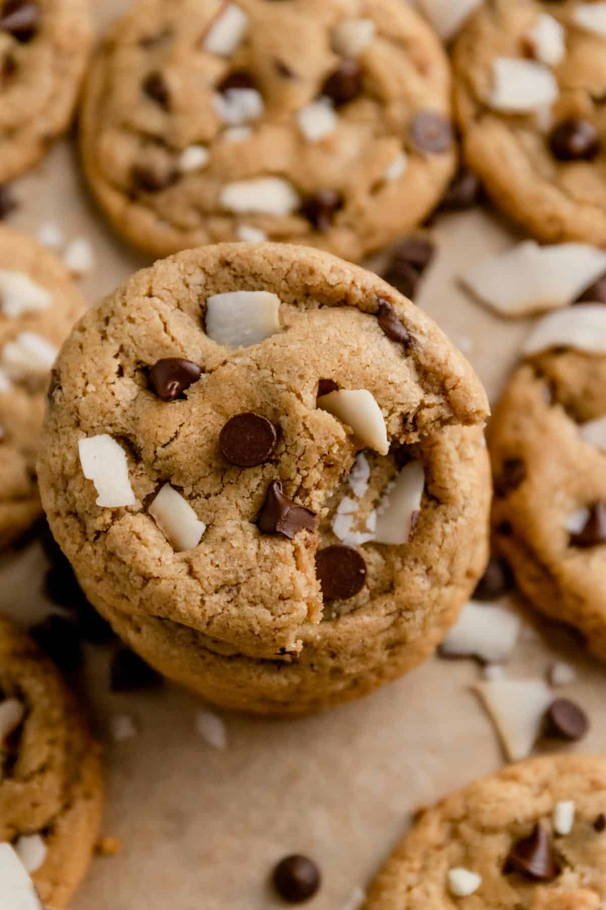 a tower of coconut cookies with chocolate chips