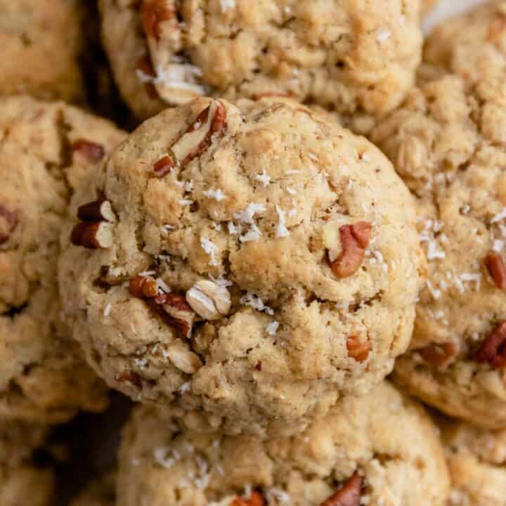 a stack of coconut pecan cookies