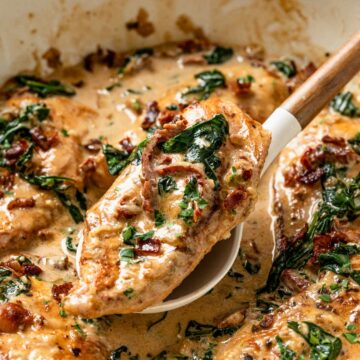 creamy chicken tuscan in skillet