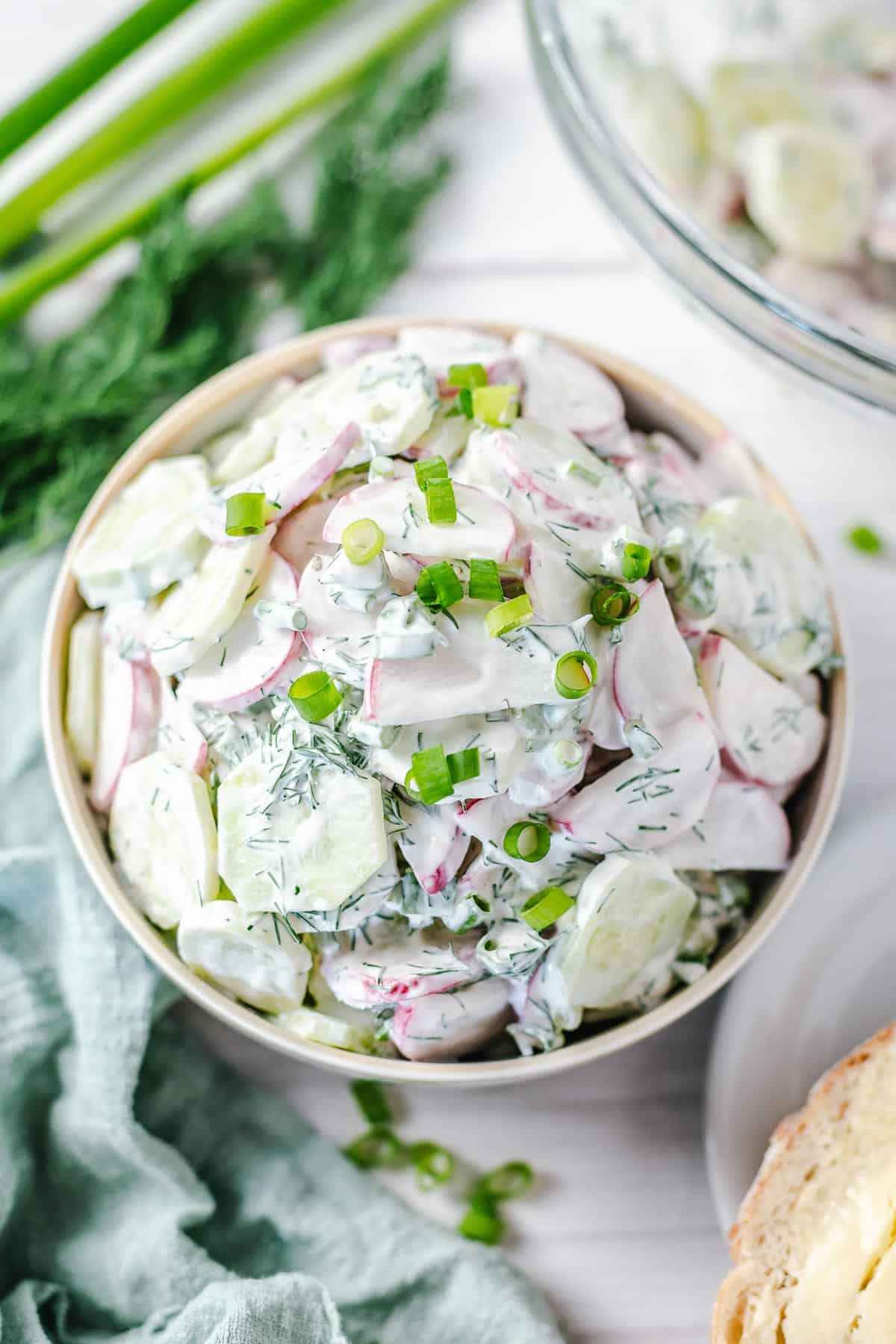 top shot of a bowl of cucumber salad