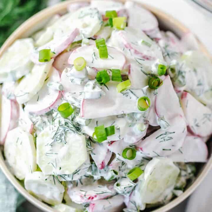 top shot of a bowl of cucumber salad