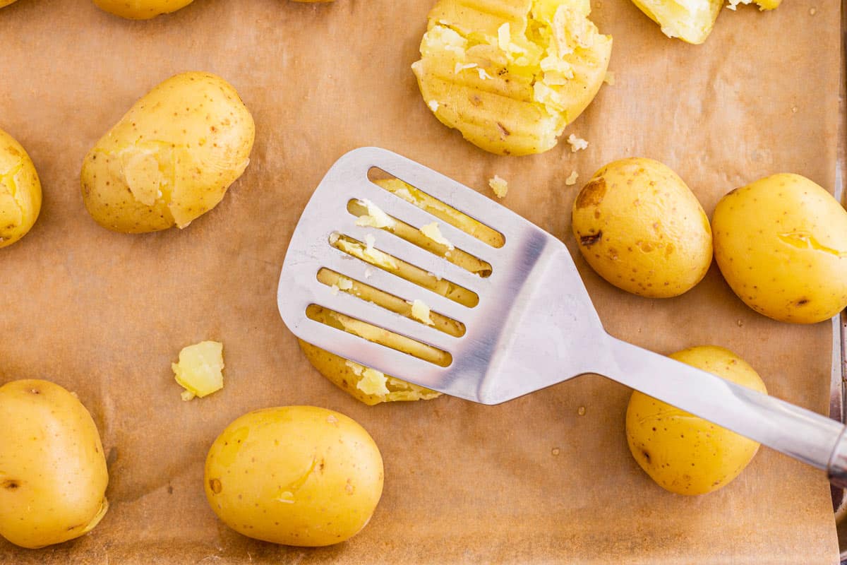 potatoes smashed with spatula