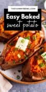 three baked sweet potatoes with butter and green onion