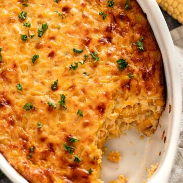 corn casserole in oval baking dish.