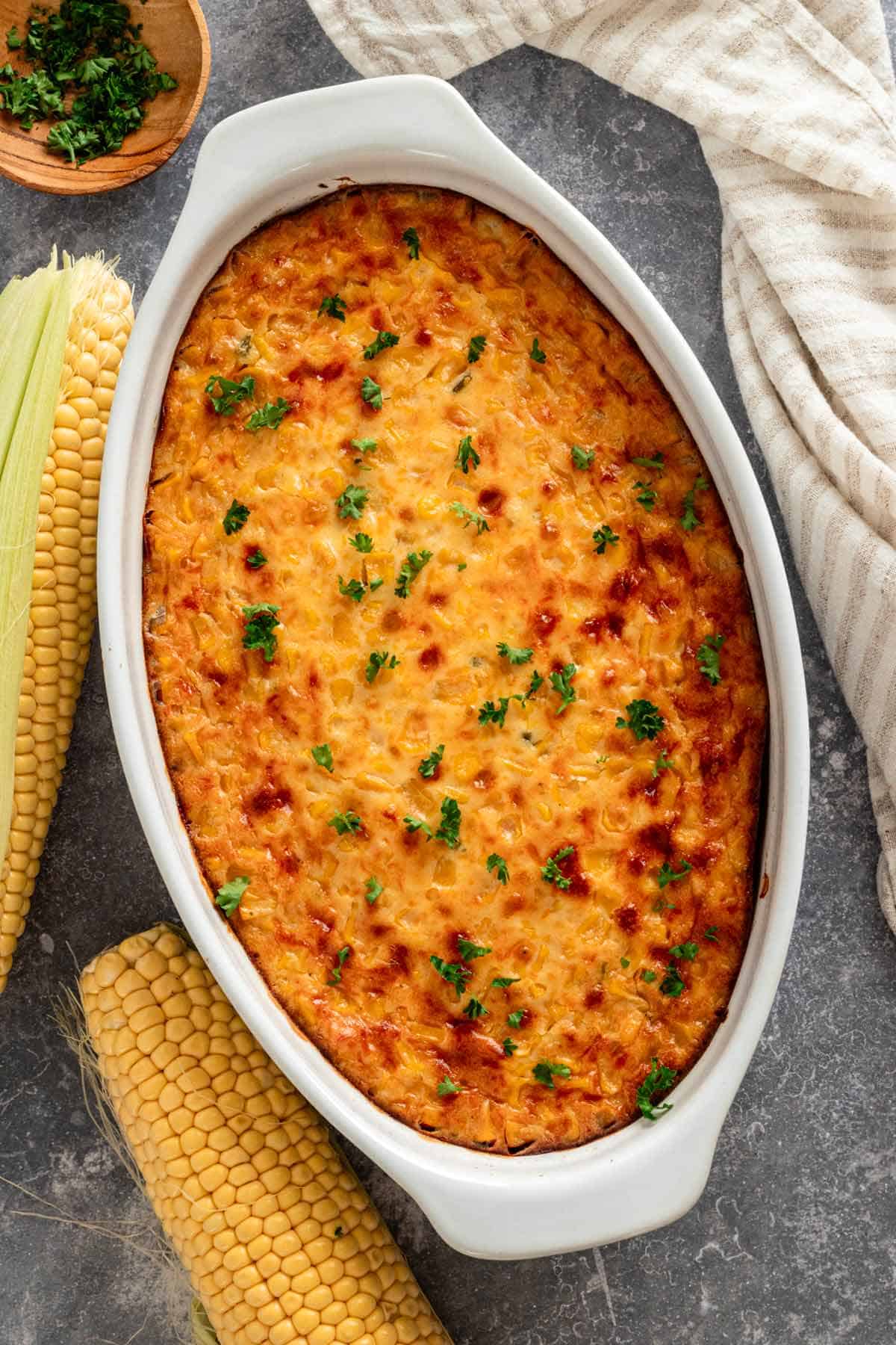 freshly cooked creamy corn casserole dish.