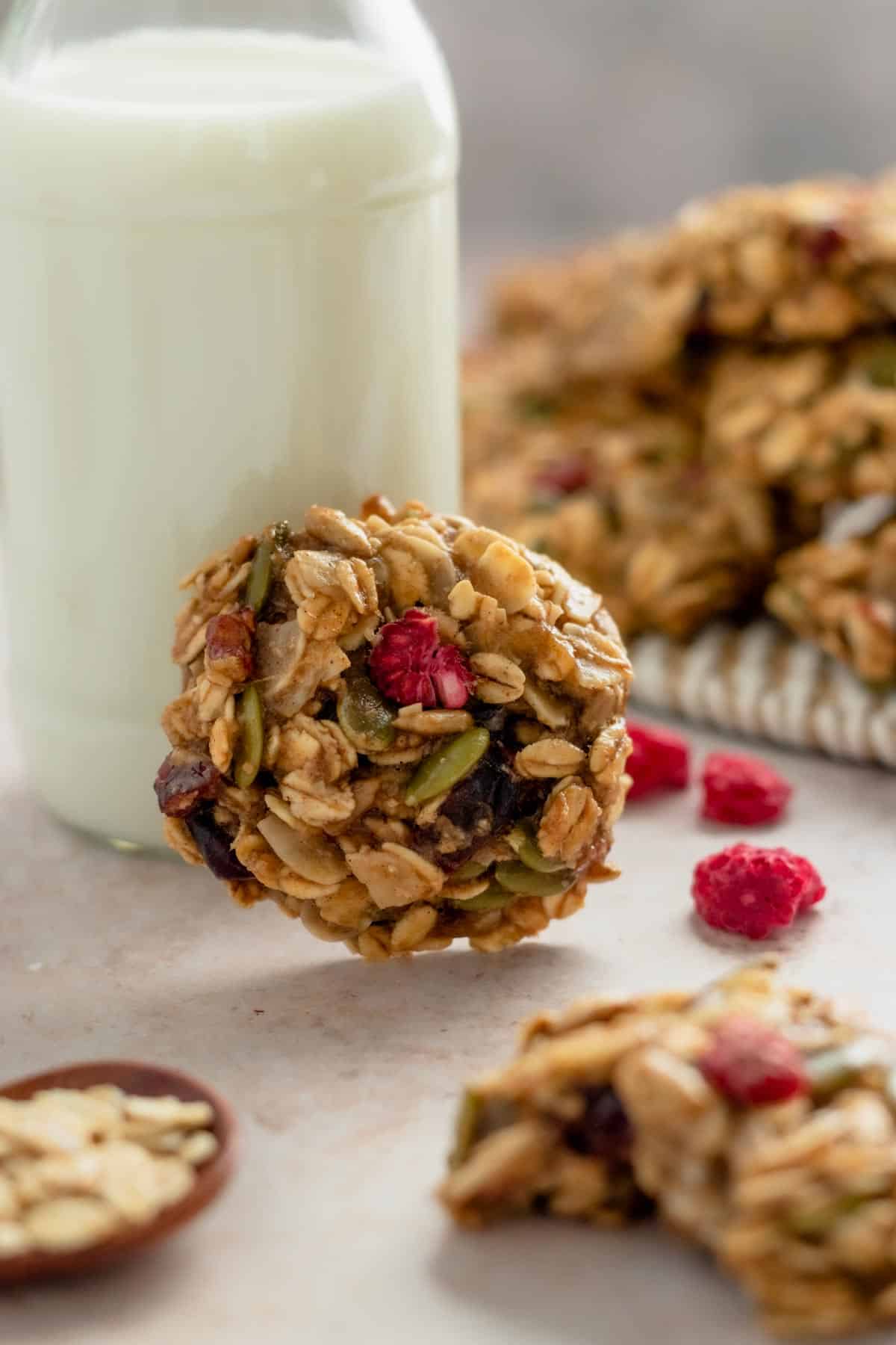 oatmeal cookie and milk jug.