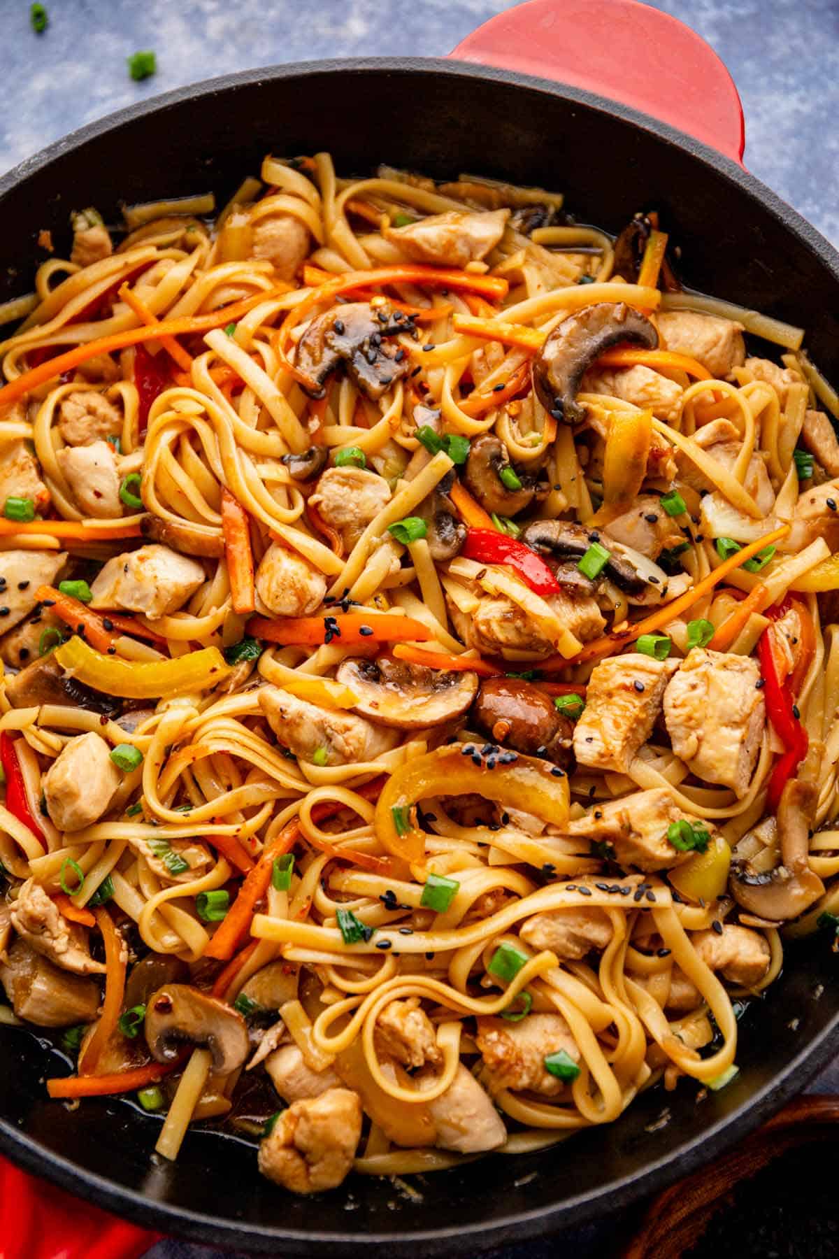 Chicken Lo Mein in a white bowl with chopstics