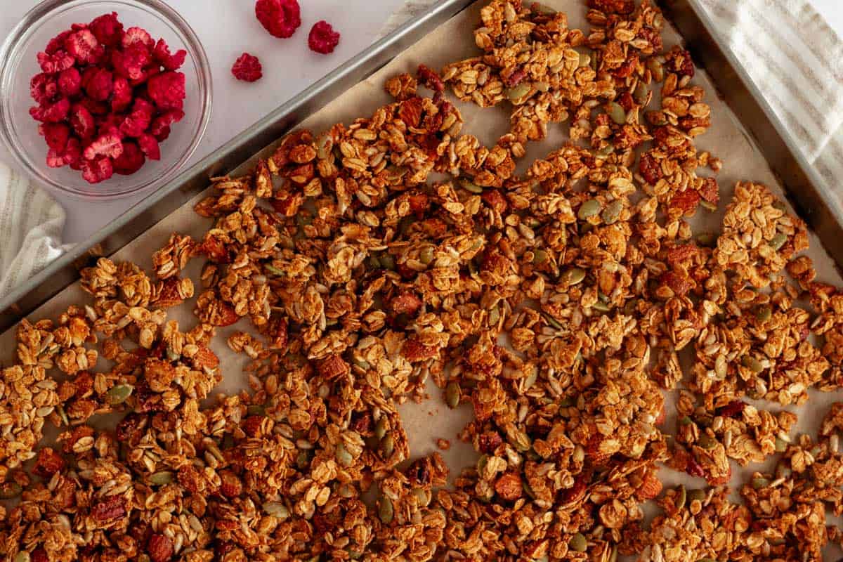 homemade oat granola on baing sheet