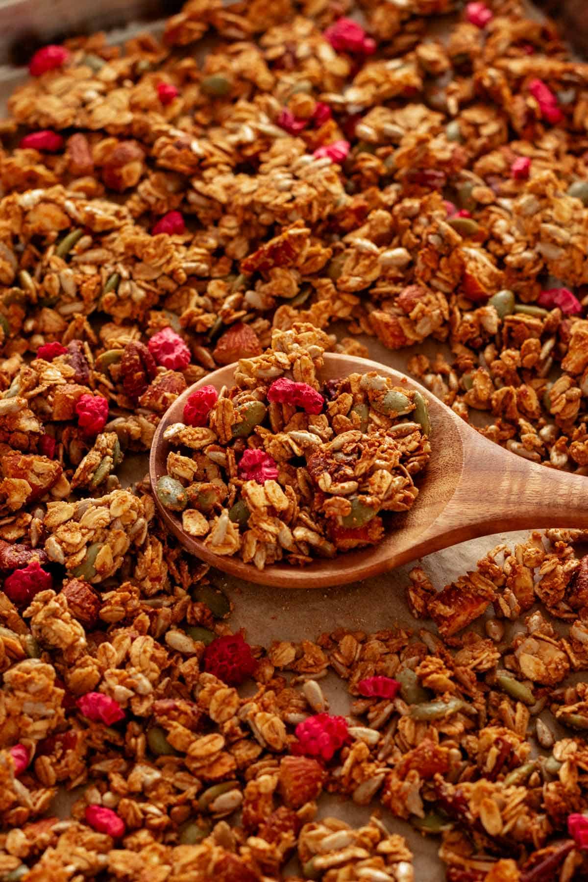 homemade healthy gluten free granola on a baking sheet