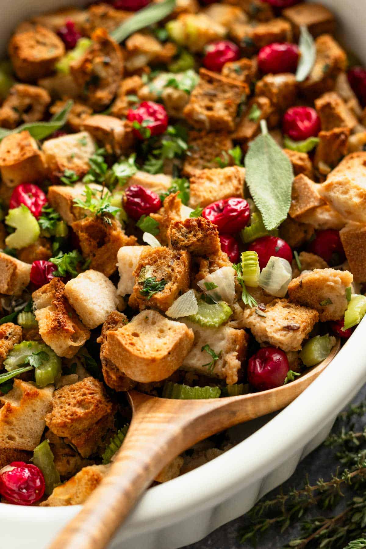 gluten free stuffing in casserole dish.