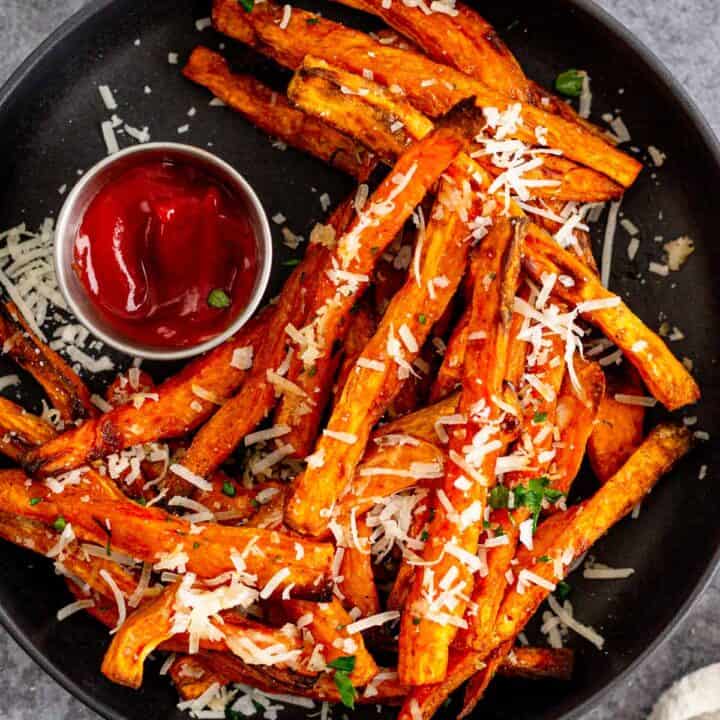 parmesan sweet otato fries in a bowl.