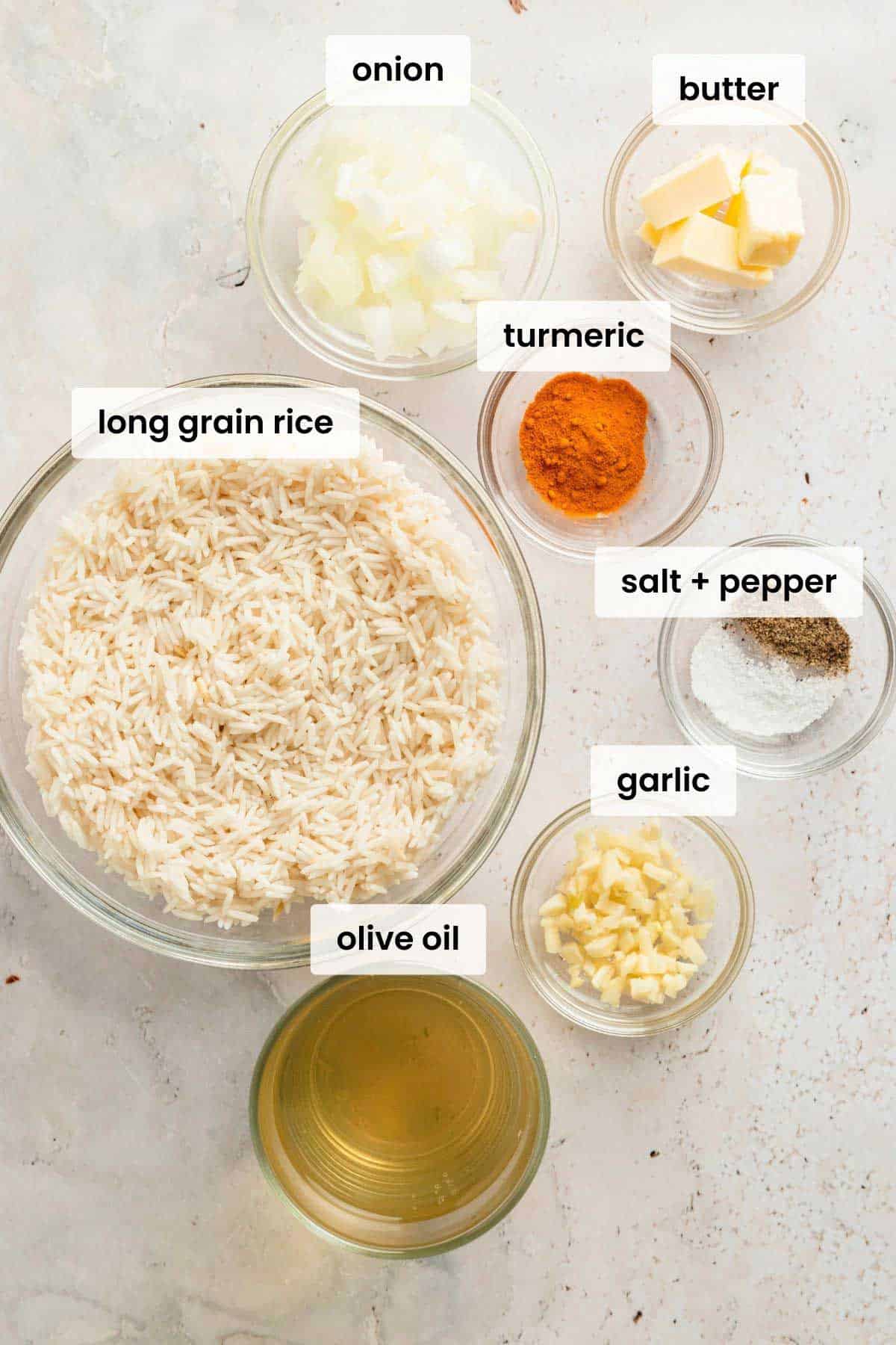 ingredients for yellow turmeric rice.