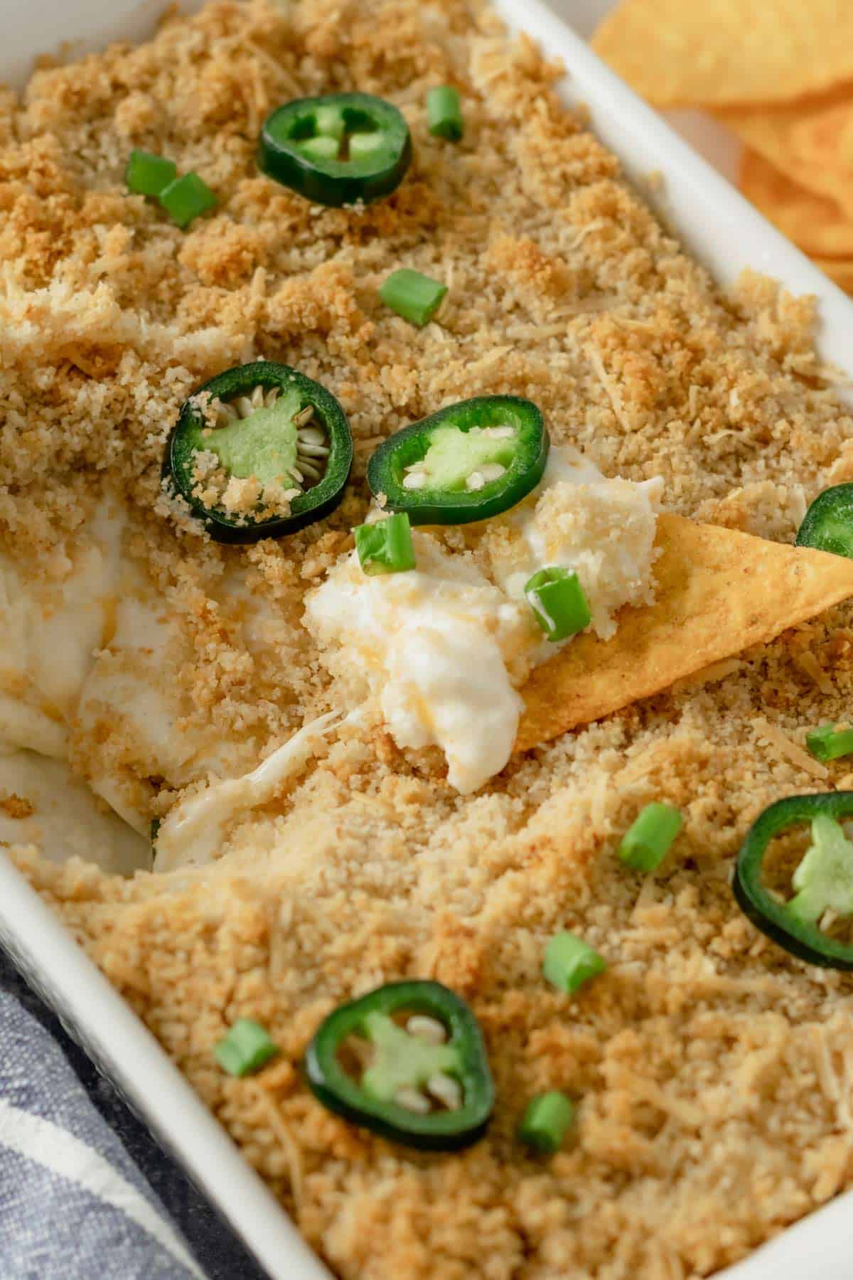 baked jalapeno popper dip with tortilla chips