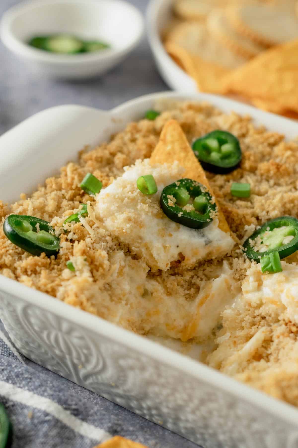 baked jalapeno popper dip in baking dish