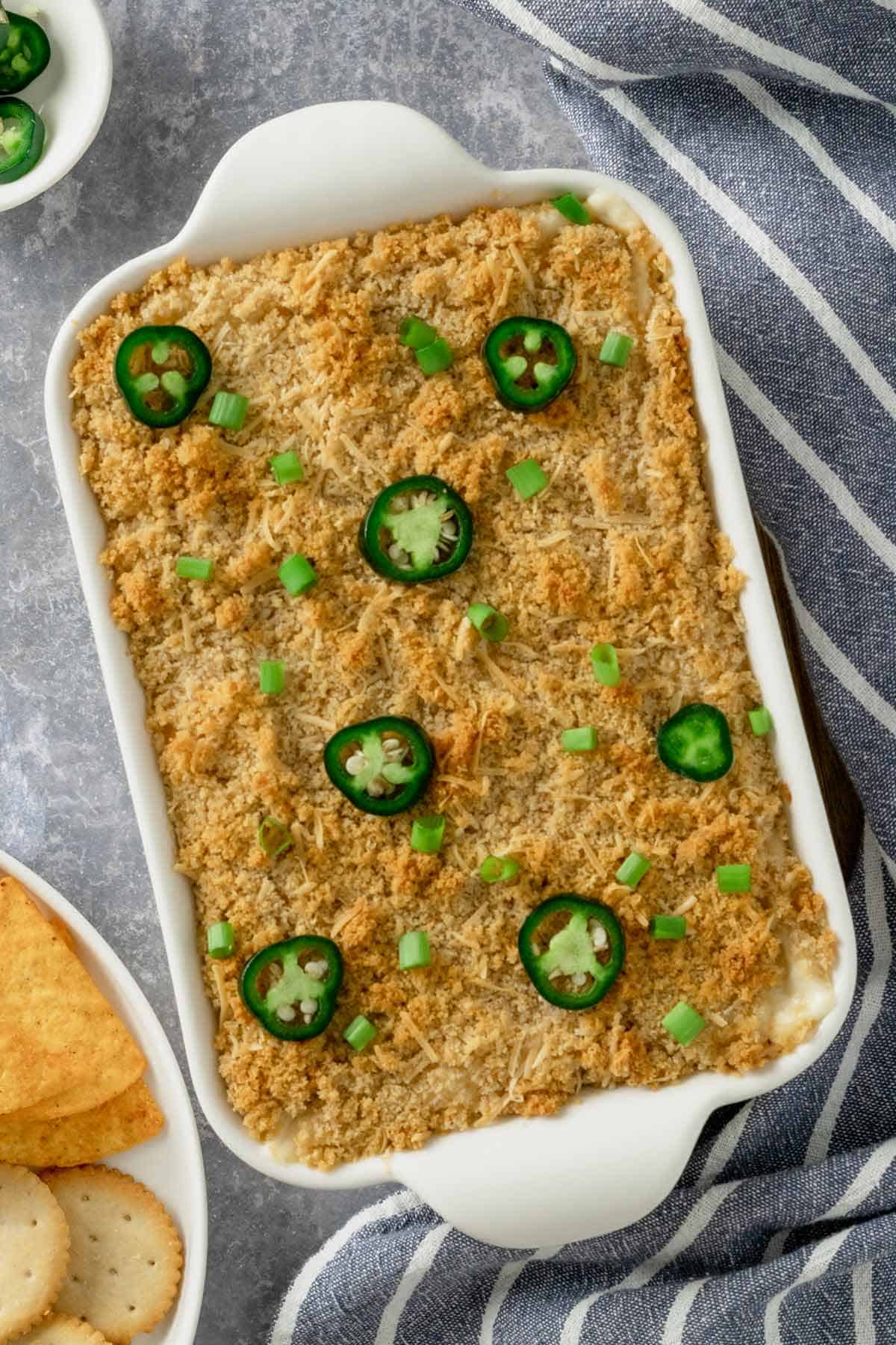 baked jalapeno popper dip in baking dish