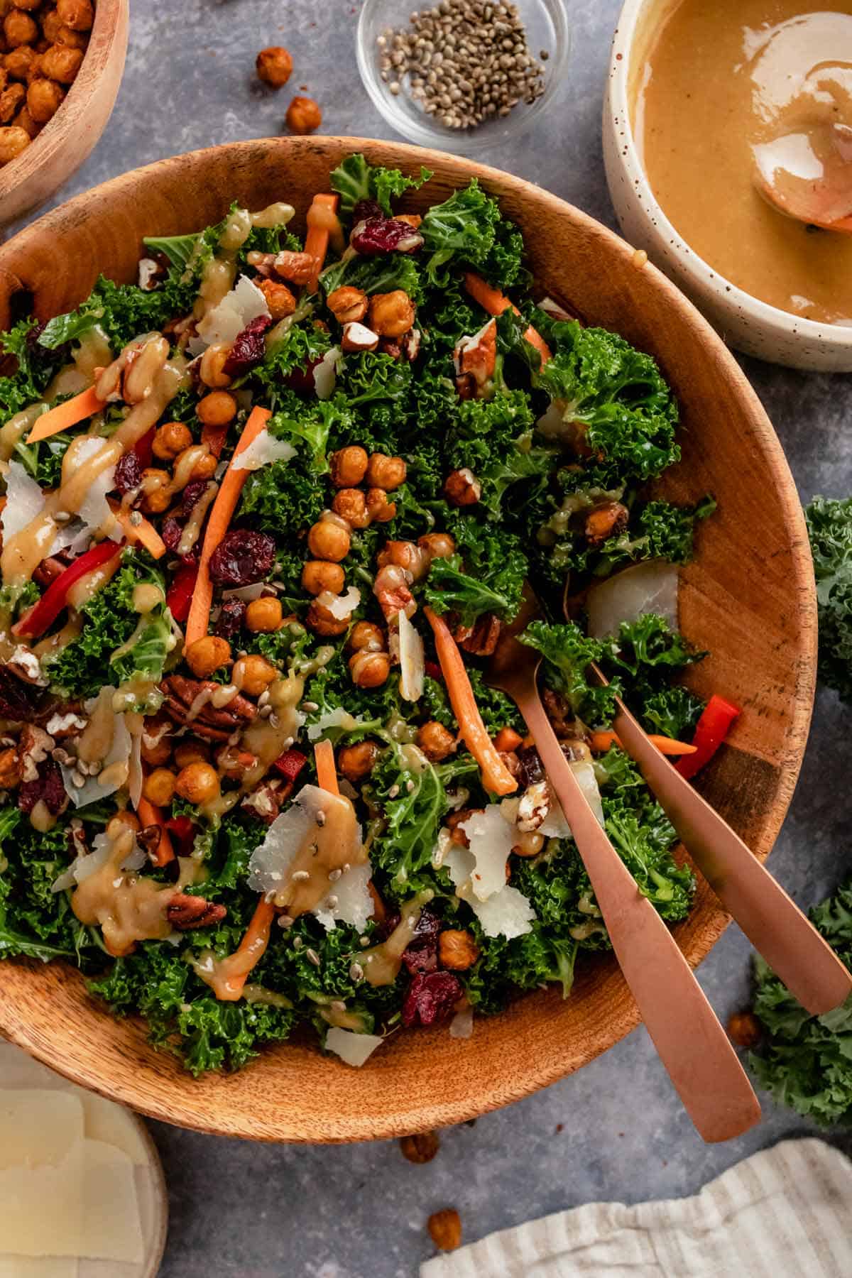kale salad drizzled with tahini dressing