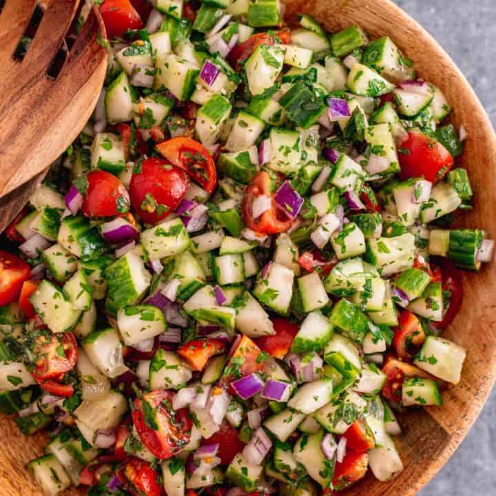 chopped cucumber salad in a bowl.