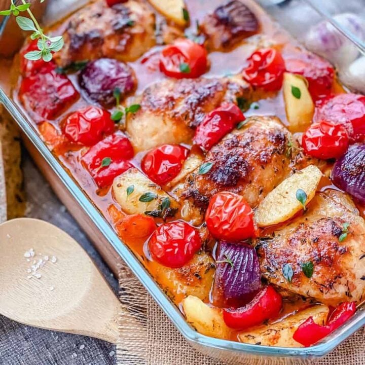 Final images of baked Mediterranean chicken thighs with potatoes, carrots and red onion plated and in casserole dish