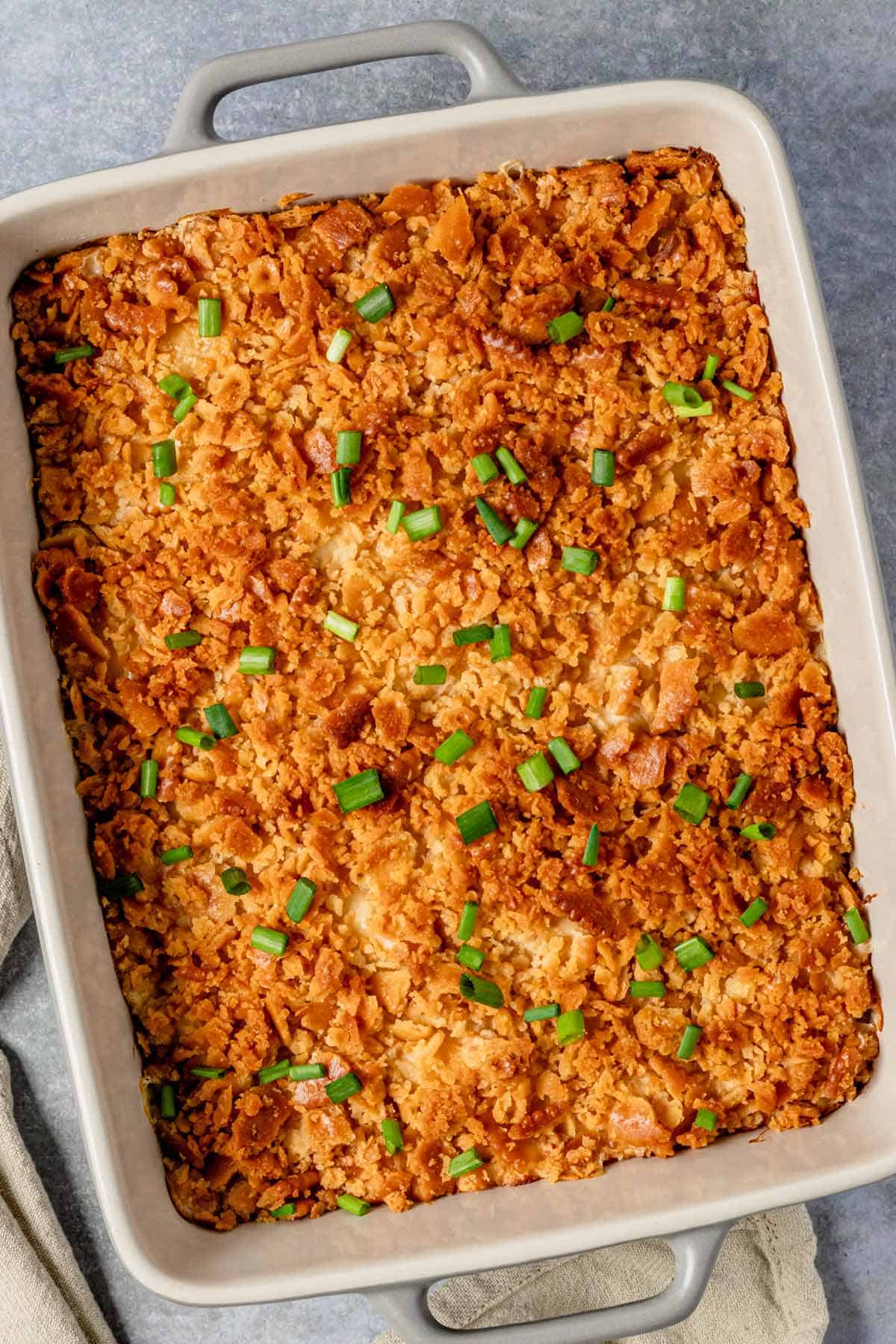 Million Dollar Casserole after baking garnished with green onions