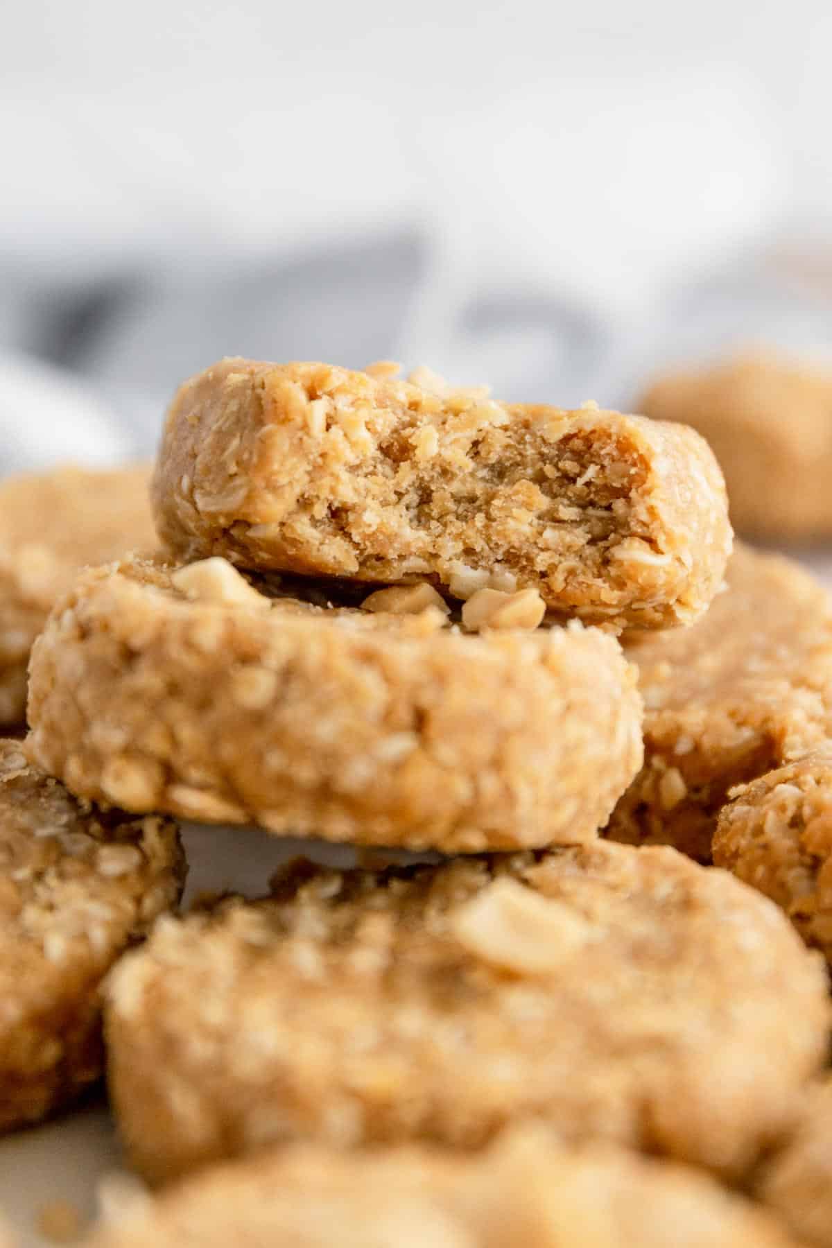 a bite shot of no bake dairy free peanut butter cookies