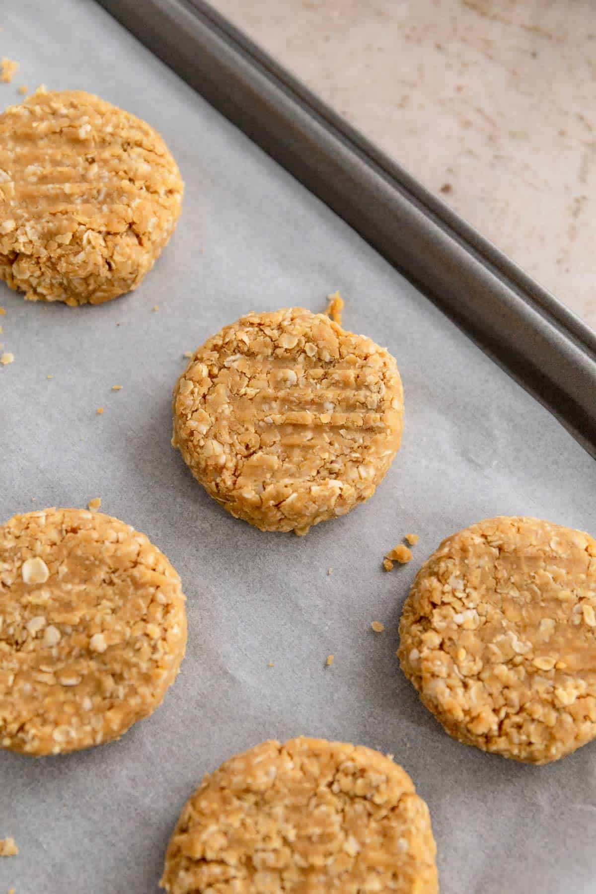 no bake peanut butter cookies on baking sheet