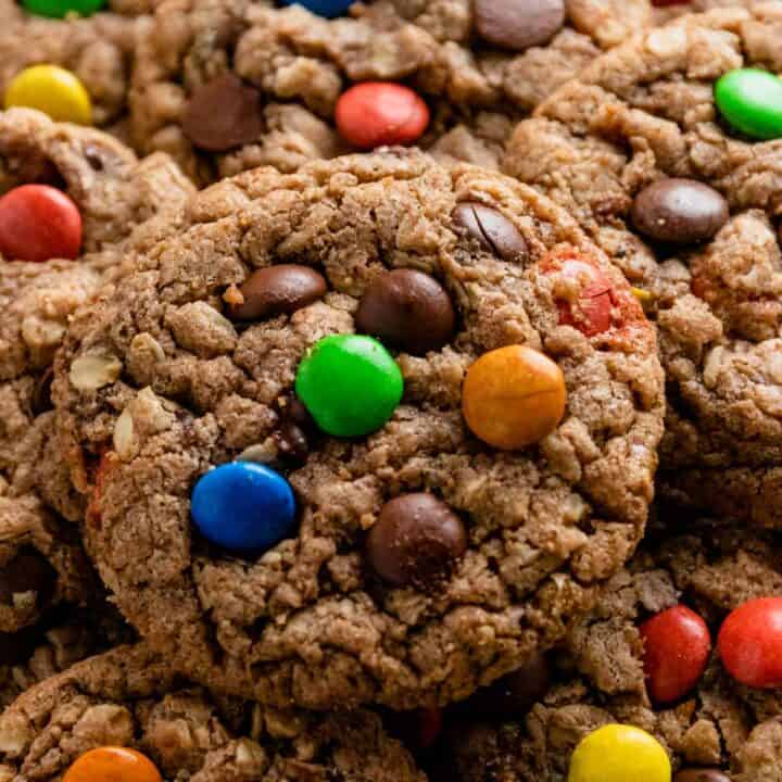 a stack of nutella monster cookies with m&ms